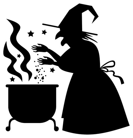 Silhouette of a witch preparing potion in the magic cauldron. Vector clip art.のイラスト素材