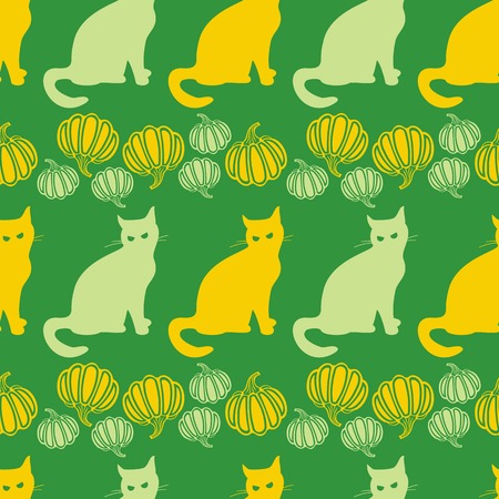 Seamless pattern with Halloween pumpkins and evil cat. Vector clip art.のイラスト素材