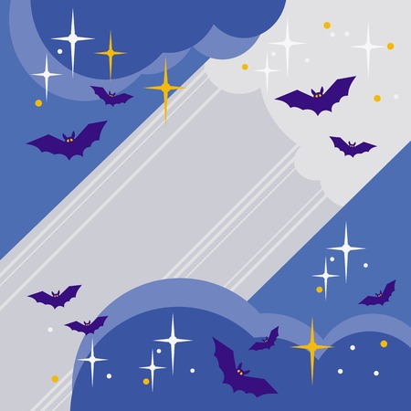 Night sky with stars, clouds and silhouettes of flying bats. Original background for greeting cards, invitations, prints.のイラスト素材