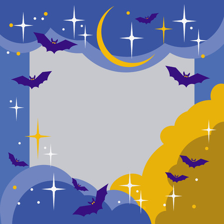 Night sky with stars, clouds and silhouettes of flying bats. Original background for greeting cards, invitations, prints.のイラスト素材