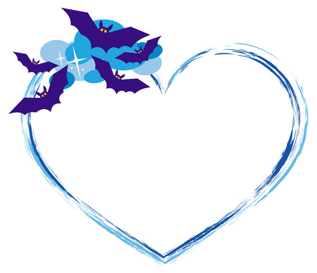 Heart shaped frame with silhouettes of flying bats. Original background for greeting cards, invitations, prints.Vector clip art.のイラスト素材