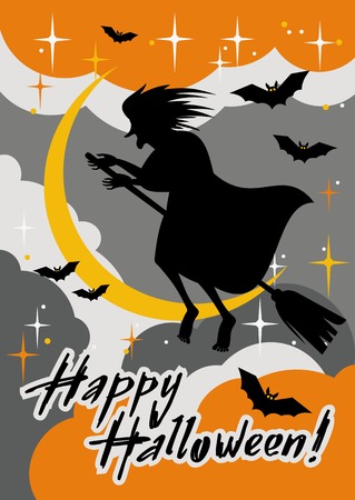 Holiday card with silhouette of a witch flying on broom and holiday greeting "Happy Halloween!".Vector clip art.のイラスト素材