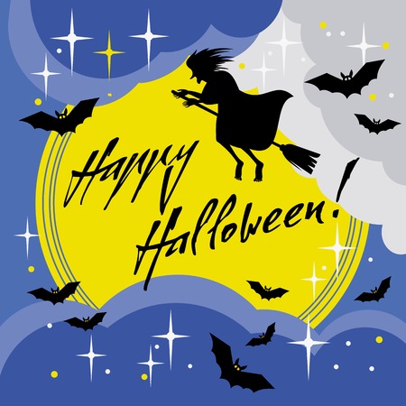 Holiday card with silhouette of a witch flying on broom and holiday greeting "Happy Halloween!".Vector clip art.のイラスト素材