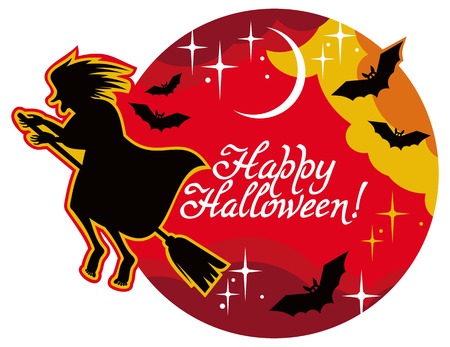 Holiday card with silhouette of a witch flying on broom and holiday greeting "Happy Halloween!".Vector clip art.のイラスト素材