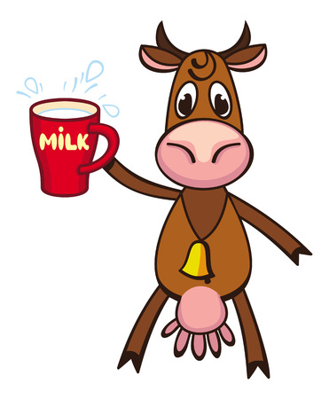 Funny cartoon cow drinking cup of milk. Vector clip art.のイラスト素材