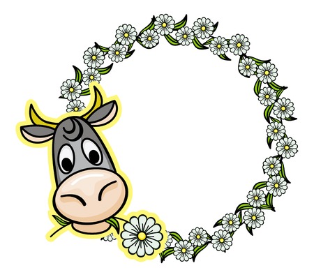 Cartoon cow and round flower frame.Vector clip art.のイラスト素材