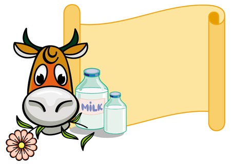 Paper scroll background with a funny cartoon cow. Vector clip art.のイラスト素材