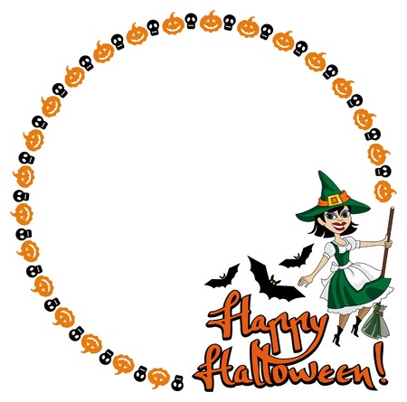 A witch with a broom. Round decorative frame. Vector clip art.のイラスト素材