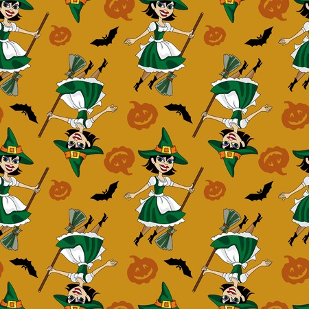 Halloween seamless pattern with dancing witch. Vector clip art.のイラスト素材