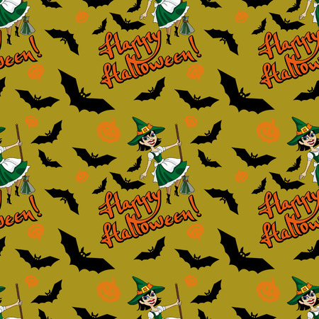 Halloween seamless pattern with dancing witch. Vector clip art.のイラスト素材