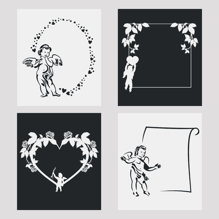 Set of silhouette frames with angels. Design element for banners, labels, prints, posters, web, presentation, invitations, weddings, greeting cards, albums. Vector clip art.のイラスト素材