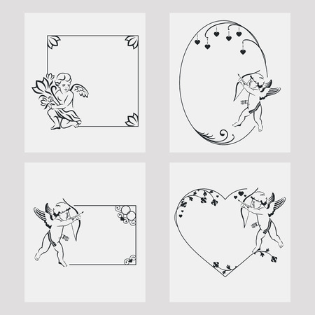 Set of silhouette frames with angels. Design element for banners, labels, prints, posters, web, presentation, invitations, weddings, greeting cards, albums. Vector clip art.のイラスト素材