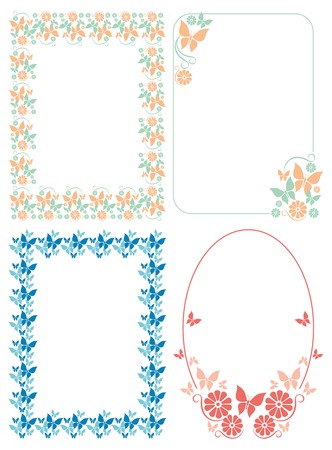 Set of color frames with abstract flowers and butterflies. Vector clip art.のイラスト素材