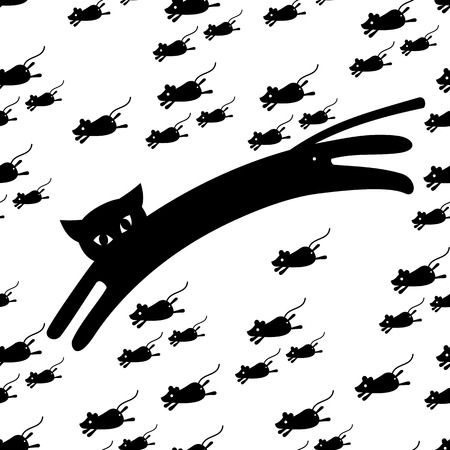 Black and white seamless pattern with cat and mice. Vector clip art.のイラスト素材