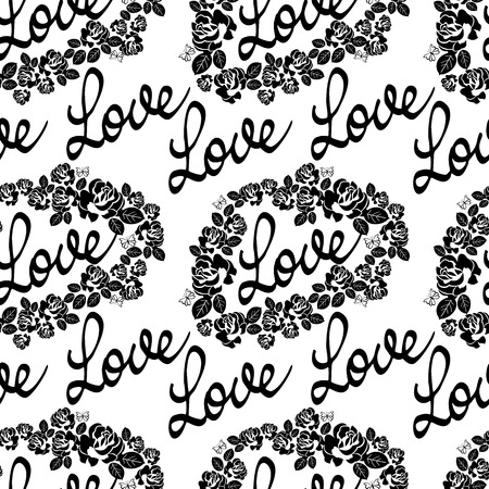 Seamless pattern with single word "love" and roses silhouettes. Original custom hand lettering. Vector clip art.のイラスト素材
