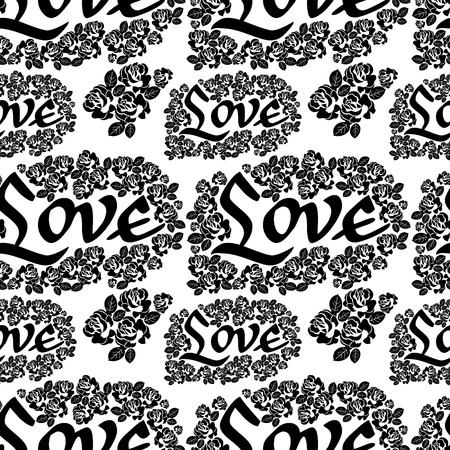 Seamless pattern with single word "love" and roses silhouettes. Original custom hand lettering. Vector clip art.のイラスト素材