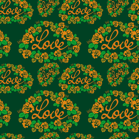Seamless pattern with single word "love" and roses silhouettes. Original custom hand lettering. Vector clip art.のイラスト素材