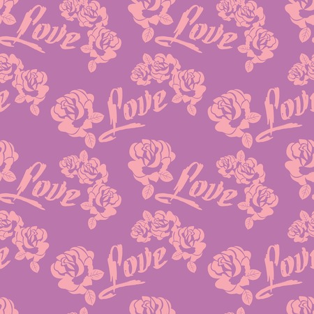 Seamless pattern with single word "love" and roses silhouettes. Original custom hand lettering. Vector clip art.のイラスト素材