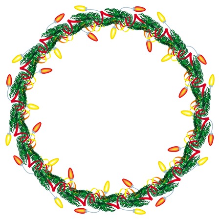 Christmas wreath decorated with light garlands. Design element for Christmas decorations, greetings cards and other design artworks. Vector clip art.のイラスト素材