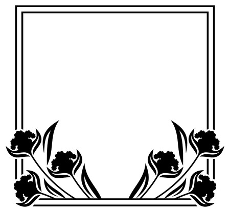 Square label with black and white decorative flowers silhouettes. Copy space. Design element for your artwork. Vector clip art.のイラスト素材