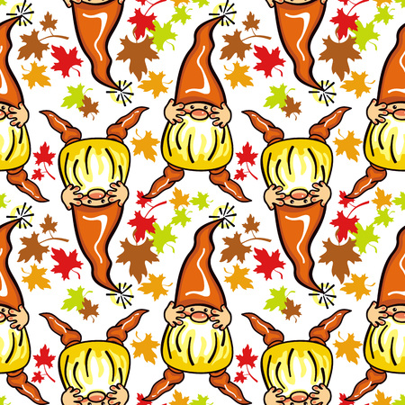 Funny seamless pattern with forest gnomes and maple leaves. Vector clip art.のイラスト素材