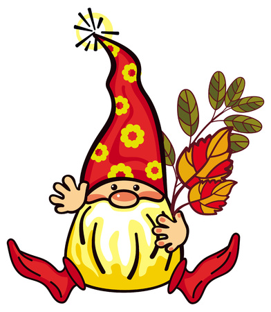 Cute gnome in long cap, mushrooms and forest berries. Funny character for decorations, greetings cards, children's books and other design artworks. Vector clip art.のイラスト素材