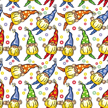 Funny seamless pattern with forest gnomes in red caps. Vector clip art.のイラスト素材