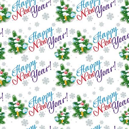 Holiday seamless pattern with Christmas tree and artistic written text:"Happy New Year!". Vector clip art.のイラスト素材