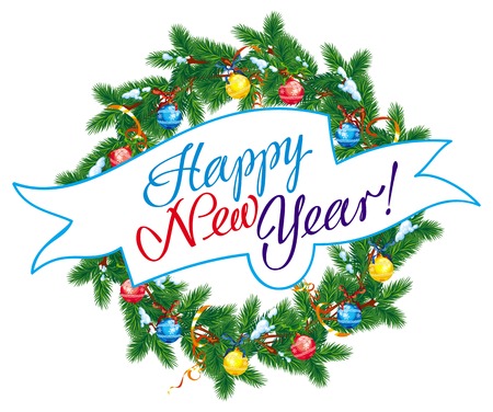 Christmas wreath with holiday banner and artistic written text:"Happy New Year!". Vector clip art.のイラスト素材