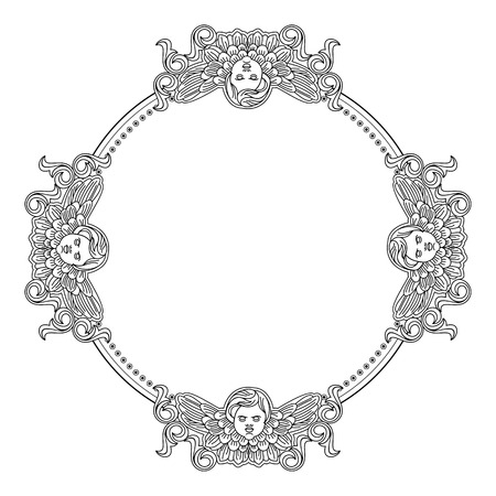 Round frame with cherub in vintage style. Vector custom element for design artworks.のイラスト素材