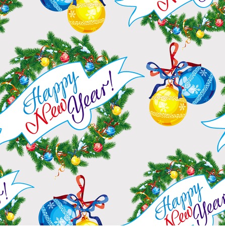 Holiday seamless pattern with Christmas wreath and artistic written text:"Happy New Year!". Vector clip art.のイラスト素材