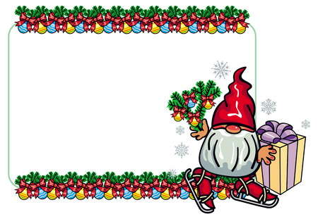 Horizontal frame with New Year balls and cute gnome ice skating. Vector clip art.のイラスト素材