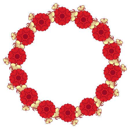 Beautiful round frame with red decorative flowers. Design element for banners, labels, greeting cards and wedding invitations. Copy space. Vector clip art.のイラスト素材