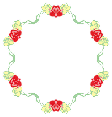 Beautiful round frame with red decorative flowers. Design element for banners, labels, greeting cards and wedding invitations. Copy space. Vector clip art.のイラスト素材