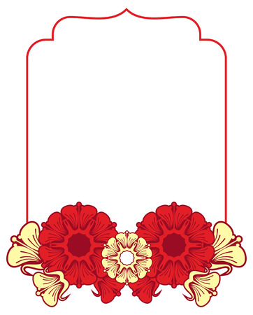 Beautiful frame with red and yellow  flowers. Design element for advertisements, flyer, web, wedding, invitations and greeting cards. Vector clip art.のイラスト素材