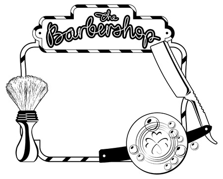 Horizontal contour frame with shaving equipment and hand-written sign "The Barbershop". Straight razor, shaving brush, soap. Copy space. Vector clip art.のイラスト素材