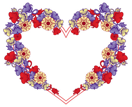 Heart-shaped frame with decorative flowers. Design element for advertisements, flyer, web, wedding, invitations and greeting cards. Vector clip art.のイラスト素材