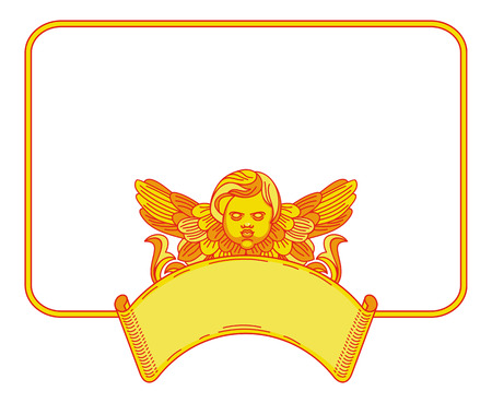 Yellow frame with cherub in vintage style. Custom element for design artworks. Vector clip art.のイラスト素材