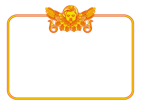 Yellow frame with cherub in vintage style. Custom element for design artworks. Vector clip art.のイラスト素材