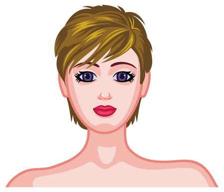 Girl with brown hair and modern haircut. Short hair style. Vector clip art.のイラスト素材