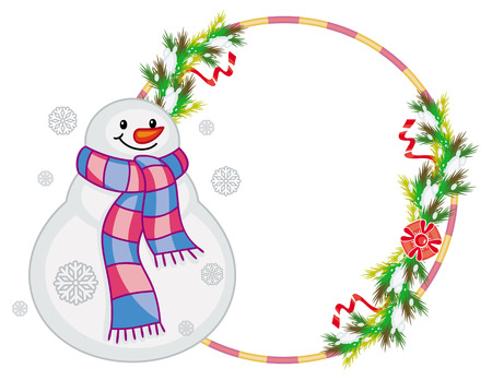 Round frame with snowman, pine branches and cones. Christmas design element. Vector clip art.のイラスト素材