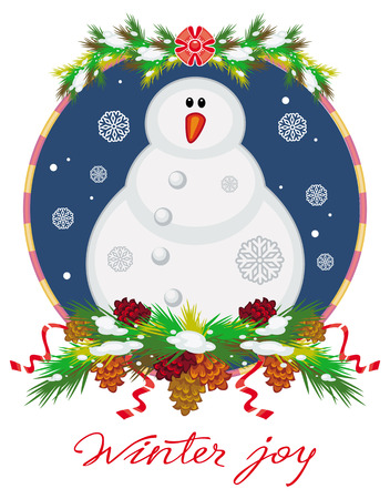 Cute snowman inside of round frame decorated with pine branches, cones and hand written text:"Winter joy". Christmas design element. Vector clip art.のイラスト素材