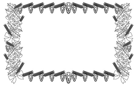 Contour frame with holly berry, pine cones and Christmas bells. Copy space. Vector clip art.のイラスト素材