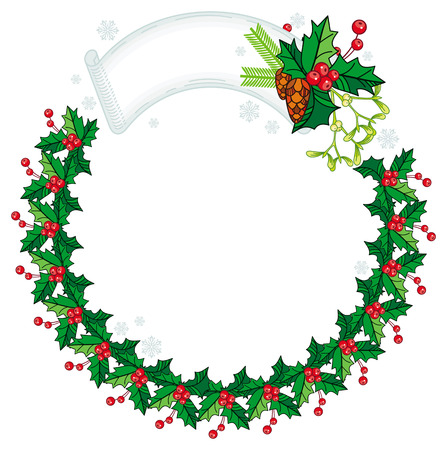 Round frame in shape of wreath with holly berry and pine cones. Copy space. Christmas decoration.  clip art.のイラスト素材