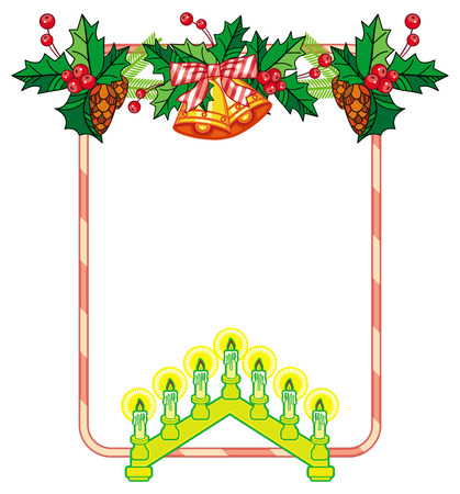 Vertical frame with holly berry, Christmas bells and light candle arch. Copy space. Christmas decoration. clip art.のイラスト素材