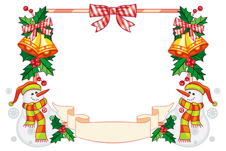 Horizontal frame with Christmas decorations and snowman. Christmas design element. Vector clip art.のイラスト素材