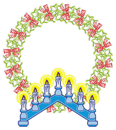 Round frame in shape of wreath with mistletoe and light candle arch. Copy space. Christmas decoration. Vector clip art.のイラスト素材