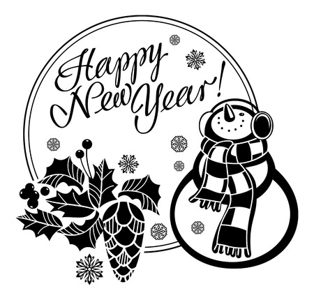 Holiday label with funny snowman and written greeting "Happy New Year!". Vector clip art.のイラスト素材