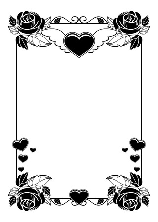 Black and white silhouette frame with roses and flying heart. Valentine day background. Vector clip art.のイラスト素材