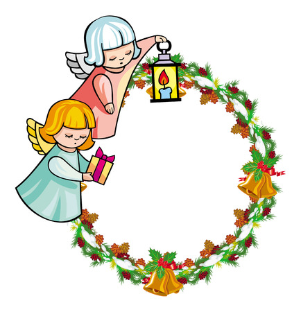 Round holiday garland with ornaments and angels bring presents. Christmas frame with free space for text, photo or picture. Design element for New Year decorations. Vector clip art.のイラスト素材